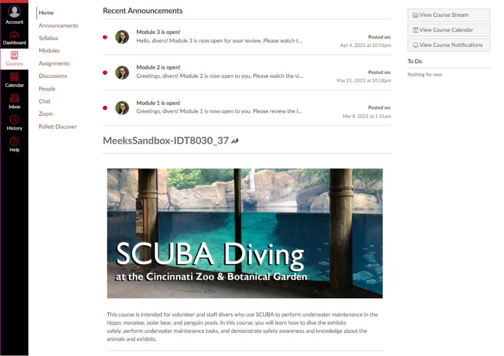 Screenshot of the Scuba Diving at the Cincinnati Zoo course in Canvas.