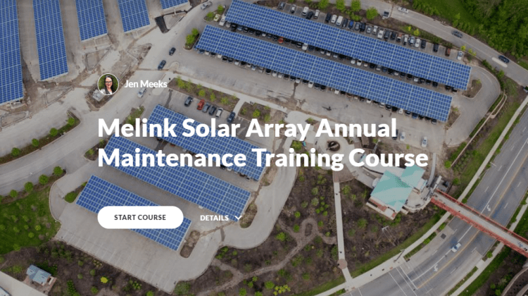 Home page of the Melink Solar Array Annual Maintenance Training Course. Text over an aerial view of a solar array.